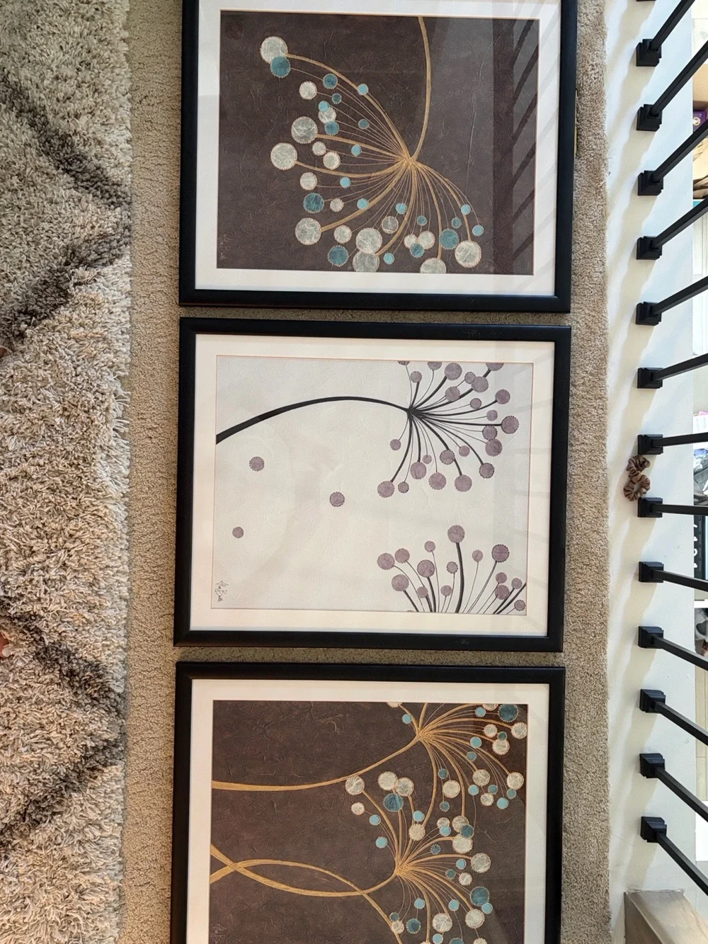Set of 3: Alan Buckle Framed Floral Burst Wall Art in Teal, White & Gold